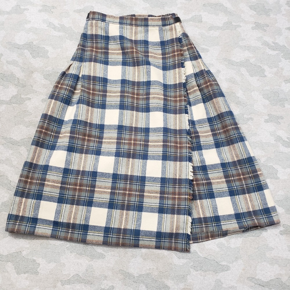 Vintage Pitlochry Knitwear Skirt Womens 12 Blue‎ Pure Wool Plaid